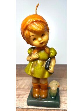 Wax Candle Hummel Style Girl With Dog Vintage Japan 7" Hand Painted